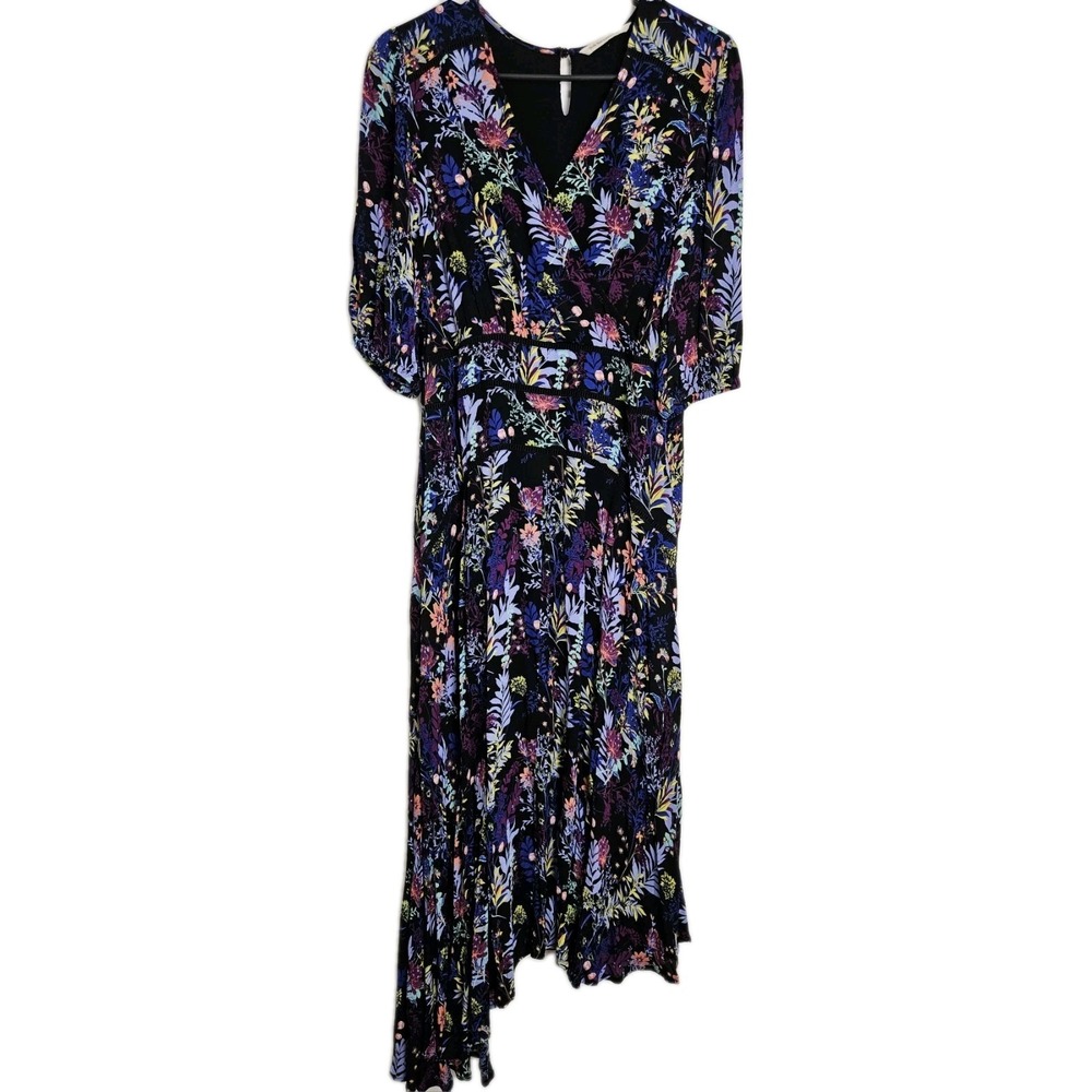 SOFT SURROUNDINGS Midi Dress Sz 6 Florencia Black Floral Flowy Asymmetrical Hem